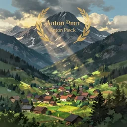 anime! small town in mountain landscape, anton pieck