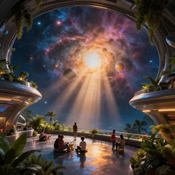 colossal spaceship viewing deck, design by zaha hadid, beautiful nebulas, dramatic warm and cold lighting. light shafts and god rays. families enjoying themselves, lush plants, architectural photography, 8 k, realistic lighting, reflections, bloom, hyperdetailed environment, pbr materials.