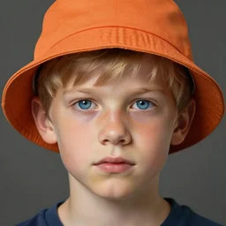 a detailed portrait of a boy with blue eyes and blonde hair wearing an orange bucket hat, art illustration, incredibly highly detailed and realistic, 8 k, sharp focus