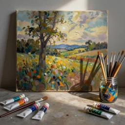 gallery painting of paint brushes, tubes of paint, and glass canning jar of swirling ink shimmering on a desk, dramatic afternoon lighting, oil on canvas, heavy metal, by moebius