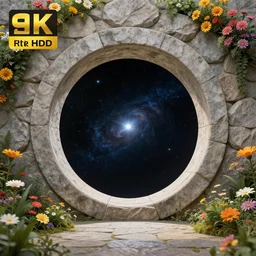 4k HDR circular stone portal | opens to space surrounded by realistic flowers