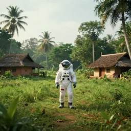 american astronaut in a kerala village, plants environment wide angle cinematic lighting atmospheric realistic octane render highly detailed, octane render, in the style of craig mullins