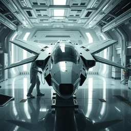 ( cyberpunk 2 0 7 7, bladerunner 2 0 4 9 ) ( white color theme ), scientists creating an artificial alien highly detailed futuristic biomechanical thick smooth quad wing combat spaceship in their spaceship lab, glassy, sharp, deep depth of field, photography, natural light, photorealistic, reflections and refractions, by brian sum and annie leibowitz,