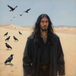 Man with long black hair is followed by crows in the desert | front view man | crows in the background | painting by Greg Rutkowski