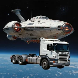 scania truck!!!, as a realistic scifi spaceship!!!, floating in space, thrusters placed instead of wheels!!, wide angle shot art by donato giancola and greg rutkowski, vintage retro scifi, realistic space, digital art, trending on artstation, symmetry!!!