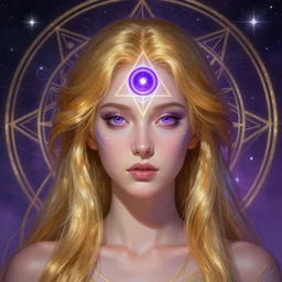 portrait of a gallent attractive goddess with glowing purple third eye chakra and golden hair, geometric third eye triangle, sci - fi face, sacred geometry mandal background, breathtaking stars, elegant, highly detailed, digital painting, artstation, concept art, smooth, sharp focus, spiritual art, art by artgerm and greg rutkowski and alphonse mucha, psychedelic