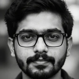 photo closeup of a man's head, black and white, moustache, beard, black hair, glasses, 3 5 mm, bokeh, black and white