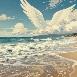 clouds and wings and waves, An aesthetically pleasing, dynamic, energetic, lively, well-designed digital art of a beach, ripples, waves, sea foam, light and shadow, overlaid with aizome patterns, by Ohara Koson and Thomas Kinkade and Bob Ross, traditional Japanese colors, superior quality, masterpiece