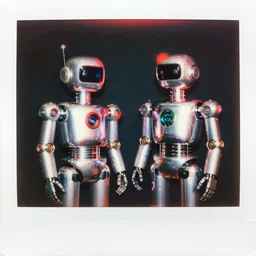 analog vintage photography portrait polaroid of futuristic chrome robots, 2 d sprites, red color bleed, heavy film grain, bloom, glow