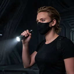 scarlett johansson, wearing half face mask, searching dark alien spaceship, holding a flashlight, black and white, pencil and ink manga 3 panels showing different angles of same scene