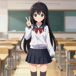full body anime portrait of a cute android girl round eyes long hair dressed in a school uniform inside the school, peace sign, stunning, highly detailed, anatomically correct