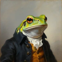 a head and shoulders portrait painting of an anthropomorphic!!!!!!!!!! amazon milk frog!!!!!!!!!! wearing a colonial frock coat without a hat looking off camera, a character portrait, neoclassicism, oil on canvas
