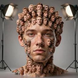 a human face made out of a multitude of hundred human faces, studio lighting, very detailed, unreal engine, high quality, photography, professional lighting, good composition, rule of thirds, winning award render, surrealistic, vfx