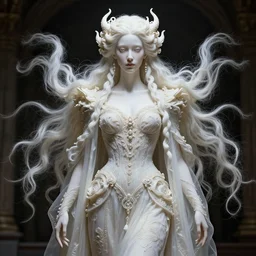 renaissance style a wonderful woman albino goddess with a wonderful face and long intricate hair with a beautiful porcelain symmetrical body dressed with a majestic warp ornate semi transparent cream long cotton dress, hightly ornate, intricate, detailed, dramatic light, award winning, octane render, tom bagshaw style