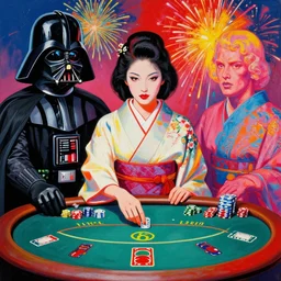 woman in a japanese kimono sitting at an extremely detailed poker table with darth vader, by andy warhol, by roy liechtestein, canvas, acrylic paint, saturated, ultra - hd, fireworks on the background, pop art