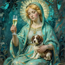blonde madonna with glass of champagne in her hand and a spaniel puppy on her lap. teal. art by mucha