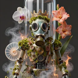glass tube 3 d close - up portrait of the retro futuristic robot in vintage gas mask in midsommar style clothes and crown overgrown with moss and giant orchid flowers and giant gladiola flowers, intricate, elegant, surrounded by smoke and burning. translucent nautilus, highly detailed, by wlop, tooth wu, greg rutkowski, alena aenami