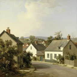 in the style of gerald brom, caravaggio, thomas cole, beautiful small town, houses and buildings, 1 8 0 0 s, cobblestone roads, mid day, forest in the distance