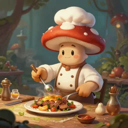 an anthropomorphic mushroom chef cooking a meal, fantasy illustration, detailed digital painting, trending on artstation