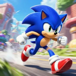 super super super epic cinematic shot of sonic the hedgehog, sonic unleashed, apotos day zone, 8k miyazaki anime scene, motion blur, red shoes, green eyes, ++++++ super super super dynamic action running, concept photos, dynamic lighting, dynamic shaders, sunny day, amazing quality