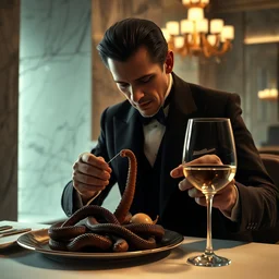 dune movie concept art aristocrat in elegant black suit eating dish with cooked sandworm on a plate, restaurant with marble interior, wine glass, soft lighting, dark color scheme, art by gary jamroz simon goinard henrik sahlstrom devon cady - lee, closeup shot, white tablecloth, volumetric lighting, octane render, commission art, 8 k resolution
