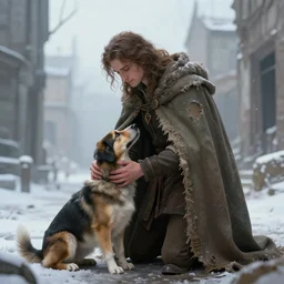 epic portrait An traveller with a long ripped cape petting a dog in an abandoned city, blurry backround, cute, blizzardy, digital painting, artstation, concept art, soft light, hdri, smooth, sharp focus, illustration, fantasy, intricate, elegant, highly detailed, D&D, matte painting, in the style of Greg Rutkowski and Alphonse Mucha and artemisia, 8k, highly detailed, jurgens, rutkowski, bouguereau, pastoral, rustic, georgic