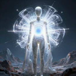 manikin made of marble, fractal neon explosion revealing a portal to a vaporwave paracosm, mountains in background, introspective, cinematic, rule of thirds, clean linework, dramatic, award winning, 4 k, trending on artstation, photorealistic, volumetric lighting, octane render