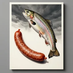 a surreal diagram featuring a trout turning into a sausage. schematic on paper poster, high detailed illustration