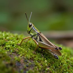 anthro grasshopper standing on two legs, photograph captured in a forest