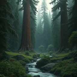 a primeval forest with huge sequoia trees, lush and vibrant, ( a small torrent in the foreground ), digital art, cinematic, scenic view, overcast raining, matte painting by ivan shishkin and emmanuel shiu, trending on artstation, 4 k