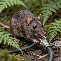 photo, dirty desease monster - rat chewing! thick internet cable!! in the ferns, grass and rocks, highly detailed, intricate details, volumetric lighting, close up, doom, apocalypse
