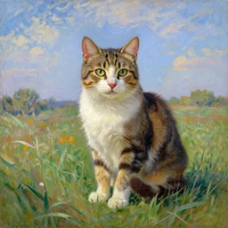 A painting of a cat under the sky in a field, by (Leonardo da Vinci, Ross Tran, Claude Monet), +cgsociety, Trending on Artstation