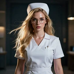 epic portrait cinematic shot professional portrait of an hooded nurse in a short sleeved dress, flowing blonde hair, glasses, shiny skin, serious face, glossy lips, fine details. night setting. realistic shaded lighting poster by craig mullism, artgerm, jeremy lipkin and michael garmash, unreal engine, radiant light, detailed and intricate environment, digital art, trending on art station,