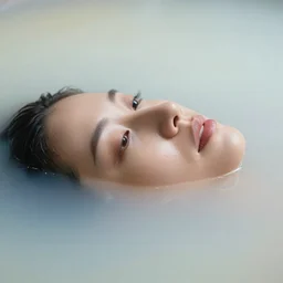 face of a woman half submerged in milky water.