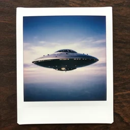 a color polaroid photo of an alien flying saucer hovering in the sky, realistic, 4k, trending, high quality, photo journalism, photography, cinematic, national geographic photoshoot