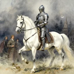 a realistic and atmospheric watercolour fantasy concept art of a knight on a white horse, muted colors. by rebecca guay, michael kaluta, charles vess and jean moebius giraud,