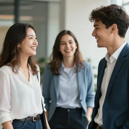 stock photo of moderately attractive twenty - somethings in casual business attire sharing convivial laughter