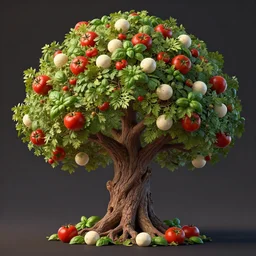 highly detailed 3 d render of a mythical tree with sparse leaves of tomatoes and mozzarella! balls and basil leaves, hyper realistic octane render, cinematic lighting, deviantart, lowbrow, surrealism, pixar still