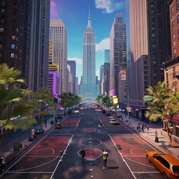 a gorgeous landscape new york city, in the metaverse, psyhdelic, 9 0's vibes, grungy, rappers in the streets, basketball courts