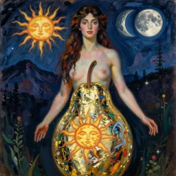 realistic beautiful painting of a goddess in a pear shaped metallic skirt showing the sun and moon on a mountain night time in Mary Cassatt style