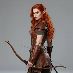 beautiful female redhead elf warrior wearing tanned leather and a longbow and quiver on her back, sitting next to a beautiful lake at sunset, enjoying the wind, looking at the water. 8 k ultra realistic, award winning, unreal engine 5, masterpiece, atmosphere glow, hyperrealistic, focused, extreme details, cinematic