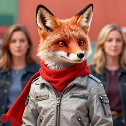 hyperdetailed anthropomorphic fox wearing a pale gray flight jacket and a red scarf, unreal engine, digital painting, vivid colors, vibrant colors, sharp focus illustration, artstation hq. intricate, elegant, medium shot, art by artgerm and greg rutkowski and magali villeneuve