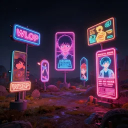 Various Neon signs over a surreal landscape, rendered by simon stålenhag, rendered by Beeple, Makoto Shinkai, syd meade, environment concept, digital art, starwars, unreal engine, 3 point perspective, WLOP, trending on artstation, low level, 4K UHD image, octane render,