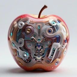 cyborg apple. intricate abstract. intricate artwork. by tooth wu, wlop, beeple, dan mumford. trending on artstation, greg rutkowski very coherent symmetrical artwork. cinematic, hyper realism, high detail, octane render, 8 k, iridescent accents