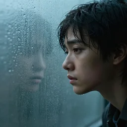 young person looking through water wall, with clear glass, melancholic, sad, lots of raindrops, detailed, cinematic, dramatic lighting, by eyvind earle