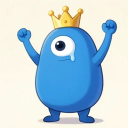 tall blue character with crown, drooling, one button eye, puffy, hunched over, both arms raised
