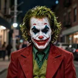 night flash photography of an animatronic joker on the lower east side photographed by annie leibovitz, dimly lit, real - hair, photorealistic hyperdetailed 3 d matte painting, hyperrealism, hyperrealistic, cinematic, silent hill, unrealengine octane render,