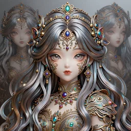 intricate, richly detailed colored 3 d illustration of a beautiful ornated cute woman with long metallic hair background with completely rendered reflections, art by range murata and artgerm highly detailed, digital painting, trending on artstation