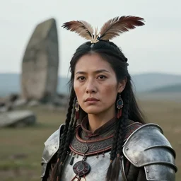 head and shoulders portrait of a female knight, tribal warrior, photography by jimmy nelson, dolmen mountain background, hq