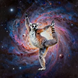 a single lemur doing an inspiring yoga pose, abstract cosmos background, kodak ektar, breathtaking digital painting  abstract Lemur in inspiring yoga pose in cosmic space with nebula and stars, breathtaking digital art, award winning